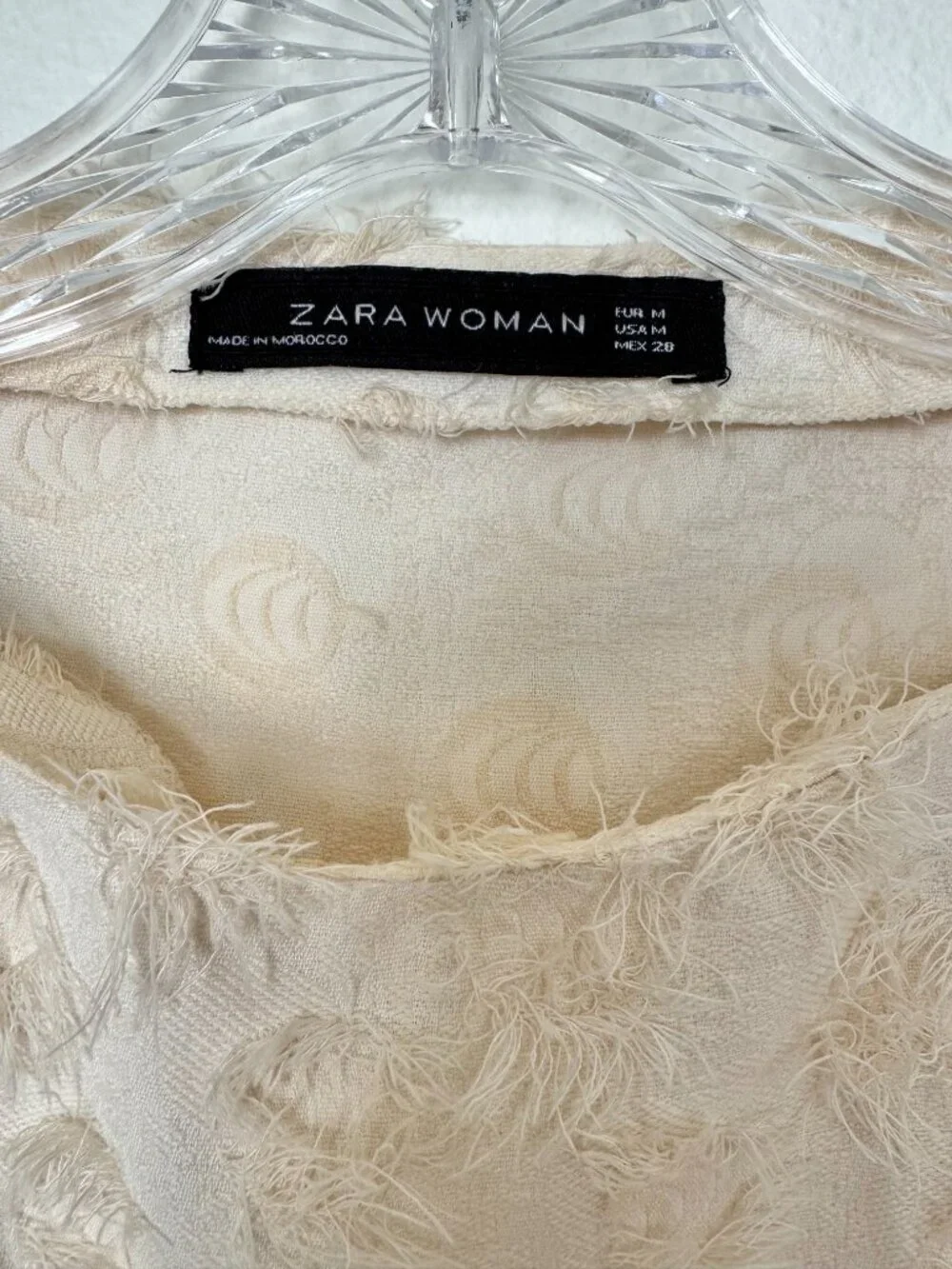 Zara Cream Jacquard Fringed Top Size M